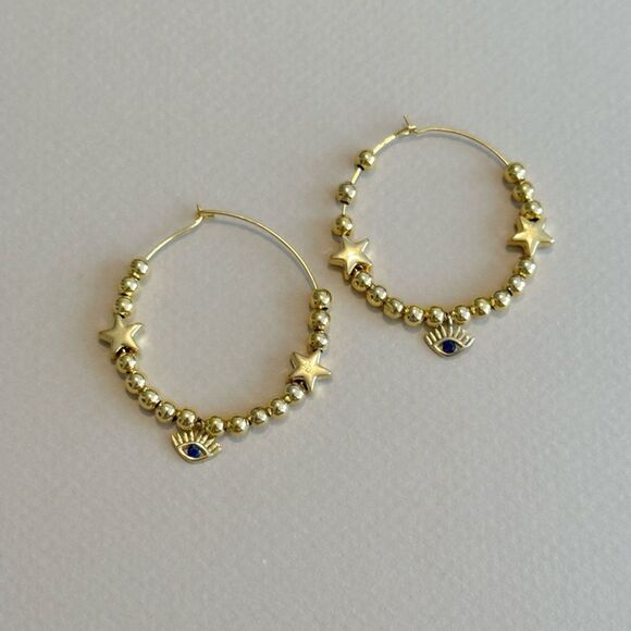 Gold Star and Eye Hoop Earrings R866 - Picture 1 of 3